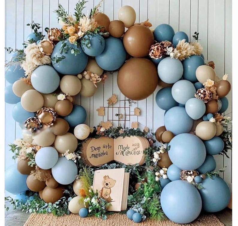 Blue Brown Balloon Arch Kit - Double Stuffed Dusty Blue Dark Brown White Sand Latex Balloon Neutral Pastel Blue Coffee Cream Balloon Garland
