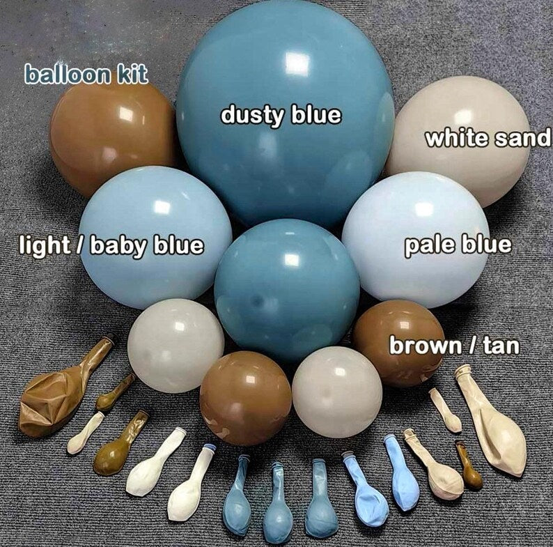 Blue Brown Balloon Arch Kit - Double Stuffed Dusty Blue Dark Brown White Sand Latex Balloon Neutral Pastel Blue Coffee Cream Balloon Garland