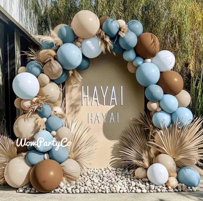 Blue Brown Balloon Arch Kit - Double Stuffed Dusty Blue Dark Brown White Sand Latex Balloon Neutral Pastel Blue Coffee Cream Balloon Garland
