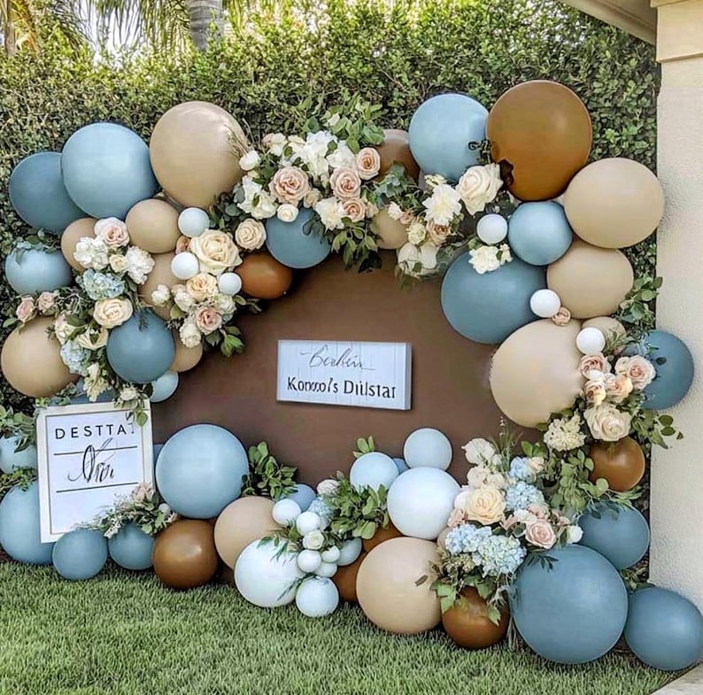 Blue Brown Balloon Arch Kit - Double Stuffed Dusty Blue Dark Brown White Sand Latex Balloon Neutral Pastel Blue Coffee Cream Balloon Garland