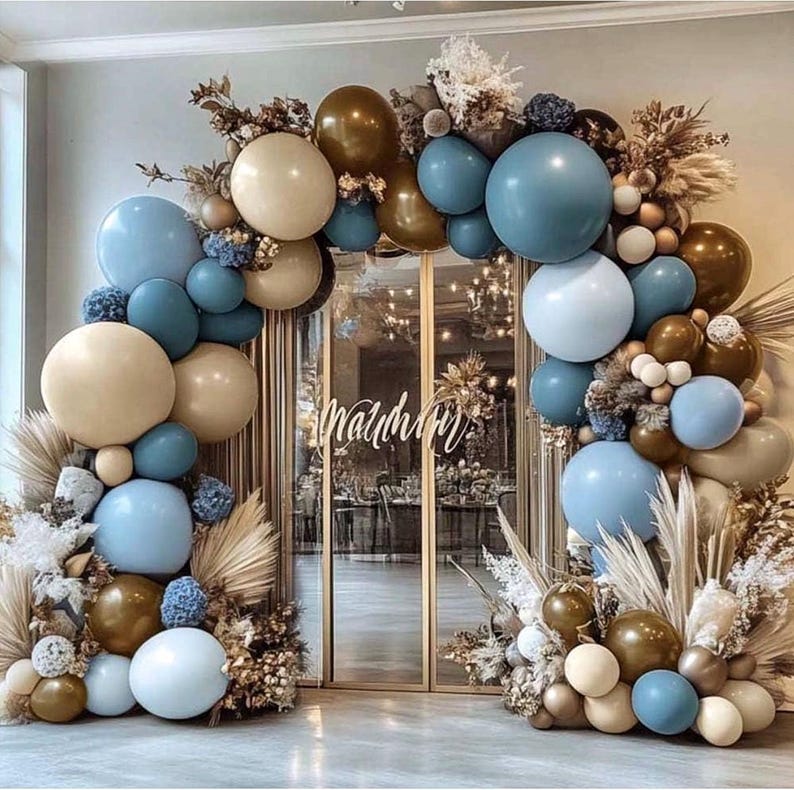 Blue Brown Balloon Arch Kit - Double Stuffed Dusty Blue Dark Brown White Sand Latex Balloon Neutral Pastel Blue Coffee Cream Balloon Garland