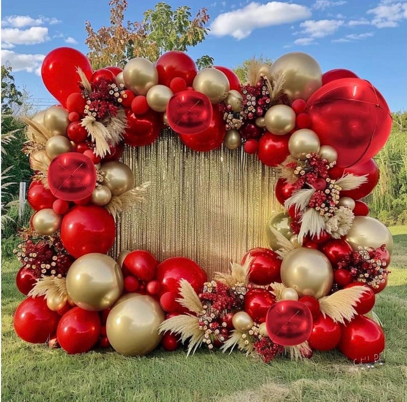 Red and Gold Balloon Garland Double Stuffed Ruby Red Gold Balloons Arch Kit With Red Mylar Balloon for Wedding Engagements Valentine’s Day