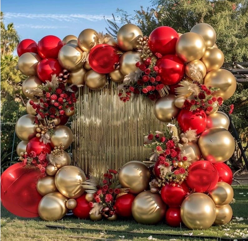 Red and Gold Balloon Garland Double Stuffed Ruby Red Gold Balloons Arch Kit With Red Mylar Balloon for Wedding Engagements Valentine’s Day