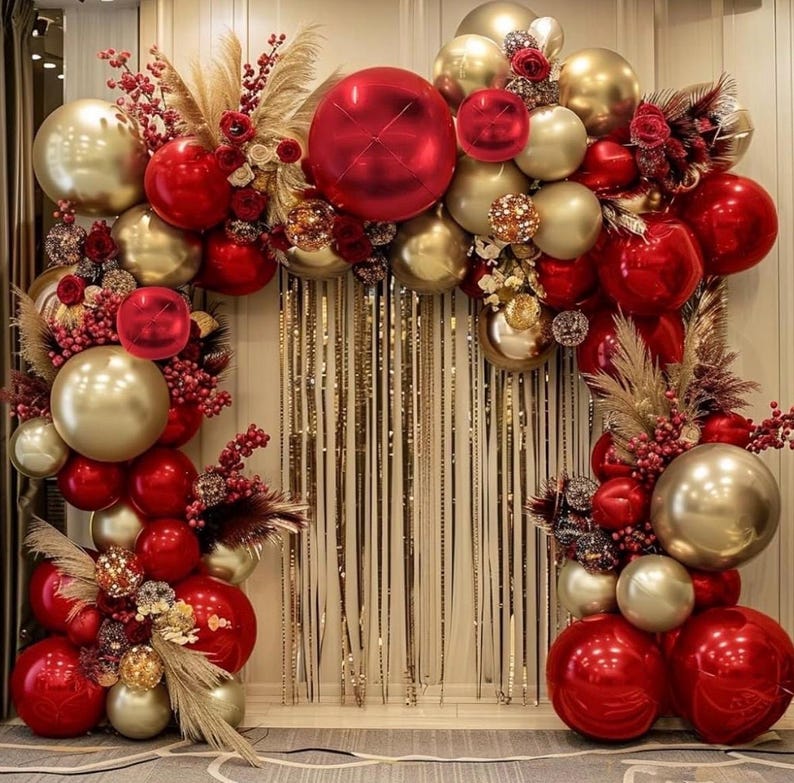 Red and Gold Balloon Garland Double Stuffed Ruby Red Gold Balloons Arch Kit With Red Mylar Balloon for Wedding Engagements Valentine’s Day