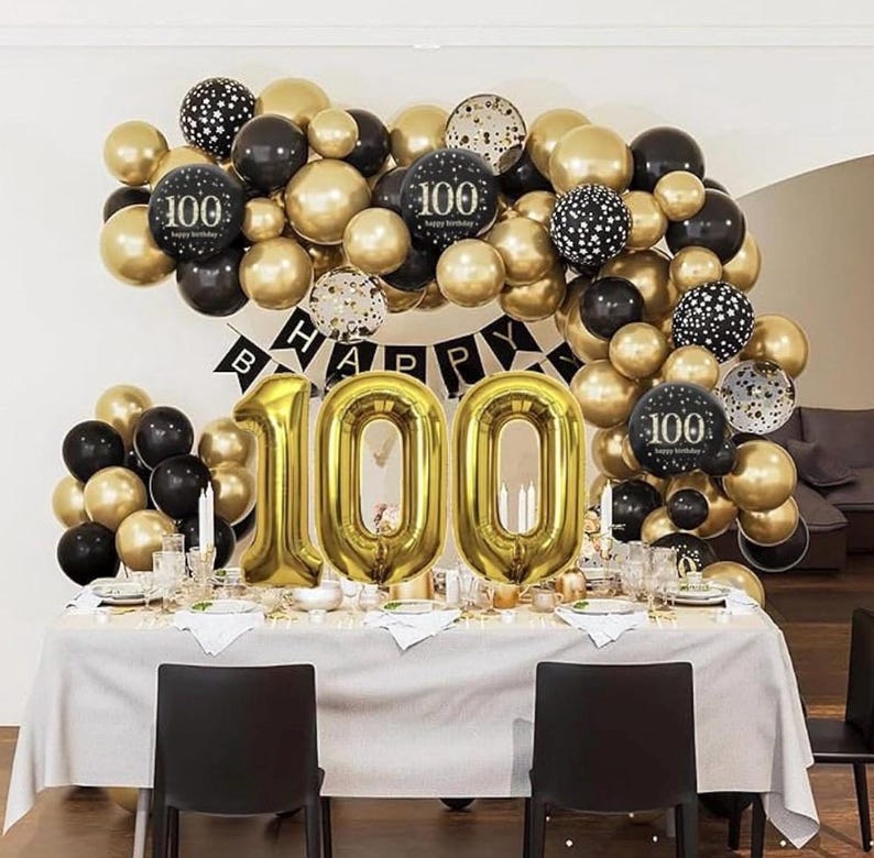 100th Birthday Decorations for Men Women, Black and Gold 100th Birthday Balloons Set Party Decorations with Happy 100th Birthday Decorations