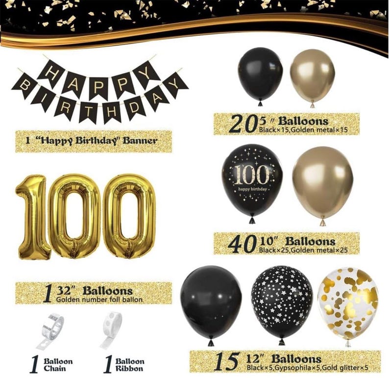 100th Birthday Decorations for Men Women, Black and Gold 100th Birthday Balloons Set Party Decorations with Happy 100th Birthday Decorations