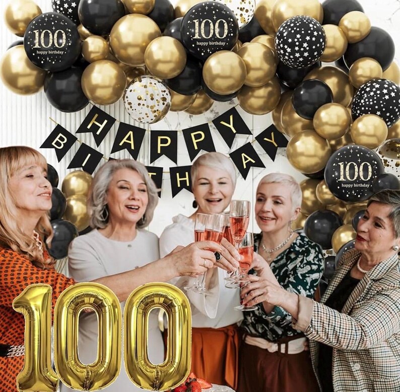 100th Birthday Decorations for Men Women, Black and Gold 100th Birthday Balloons Set Party Decorations with Happy 100th Birthday Decorations