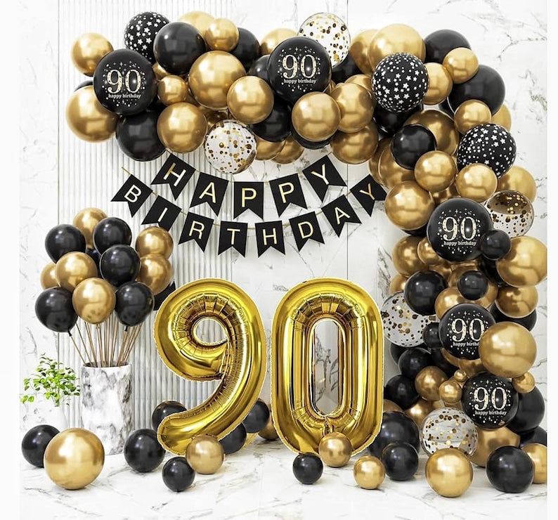 90th Birthday Decorations for Men Women, Black and Gold 90th Birthday Balloons Set Party Decorations with Happy 90th Birthday Decorations