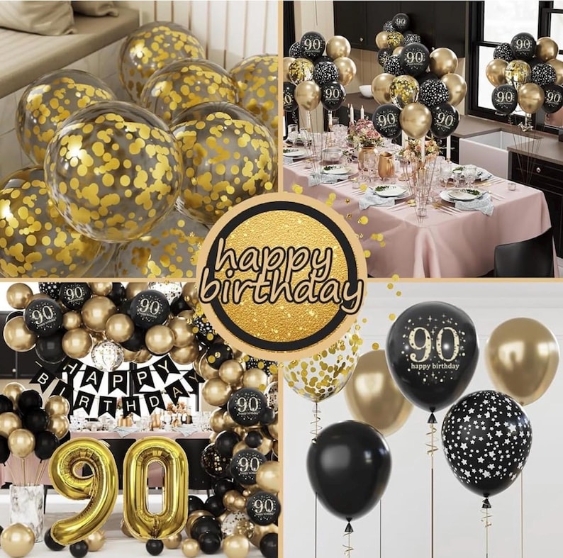 90th Birthday Decorations for Men Women, Black and Gold 90th Birthday Balloons Set Party Decorations with Happy 90th Birthday Decorations