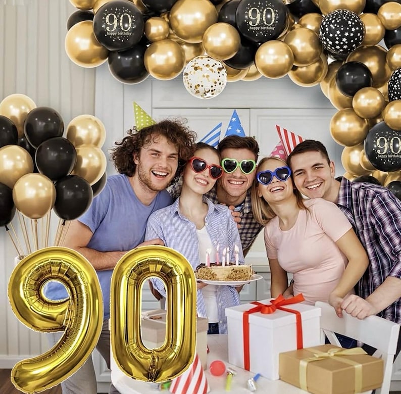 90th Birthday Decorations for Men Women, Black and Gold 90th Birthday Balloons Set Party Decorations with Happy 90th Birthday Decorations