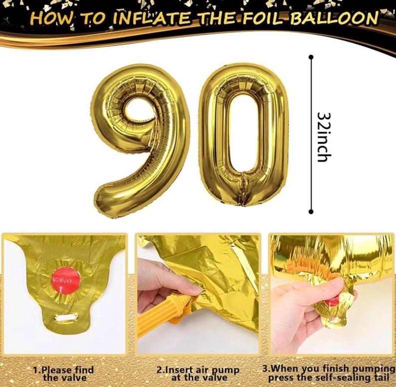 90th Birthday Decorations for Men Women, Black and Gold 90th Birthday Balloons Set Party Decorations with Happy 90th Birthday Decorations
