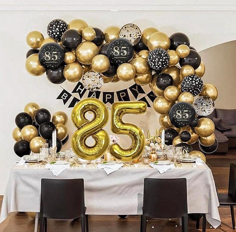 85th Birthday Party Decorations for Men Women, Black and Gold 85th Birthday Balloons Set Party Decorations with Happy 85th Birthday Decor