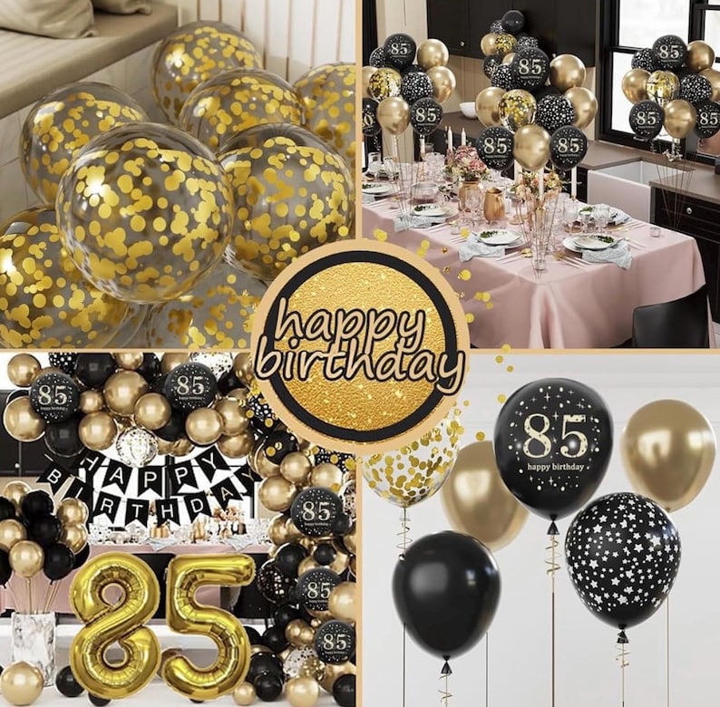85th Birthday Party Decorations for Men Women, Black and Gold 85th Birthday Balloons Set Party Decorations with Happy 85th Birthday Decor