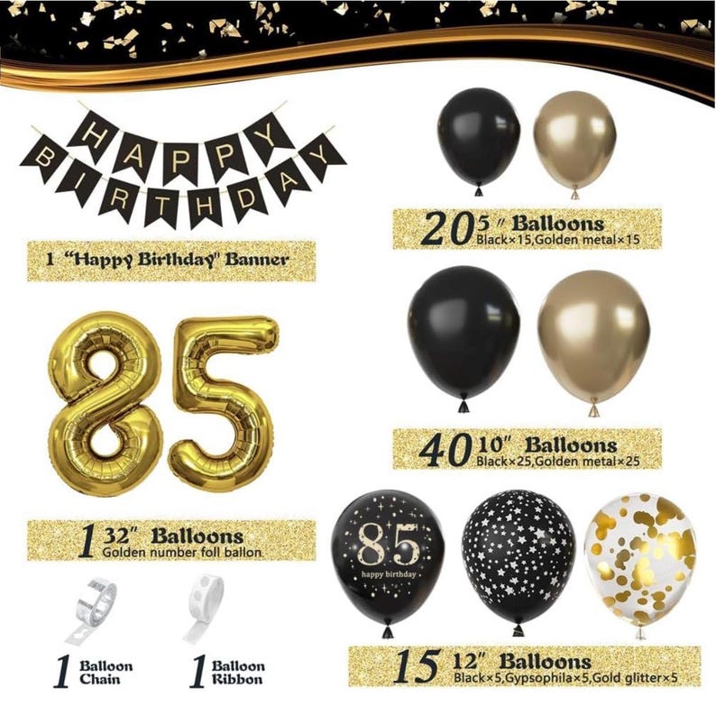 85th Birthday Party Decorations for Men Women, Black and Gold 85th Birthday Balloons Set Party Decorations with Happy 85th Birthday Decor