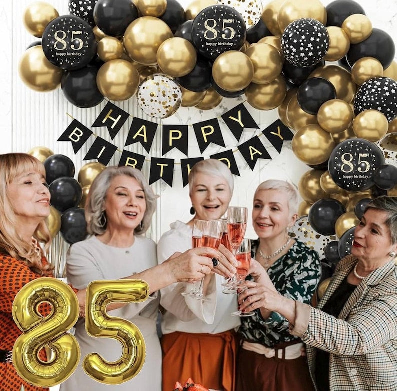 85th Birthday Party Decorations for Men Women, Black and Gold 85th Birthday Balloons Set Party Decorations with Happy 85th Birthday Decor