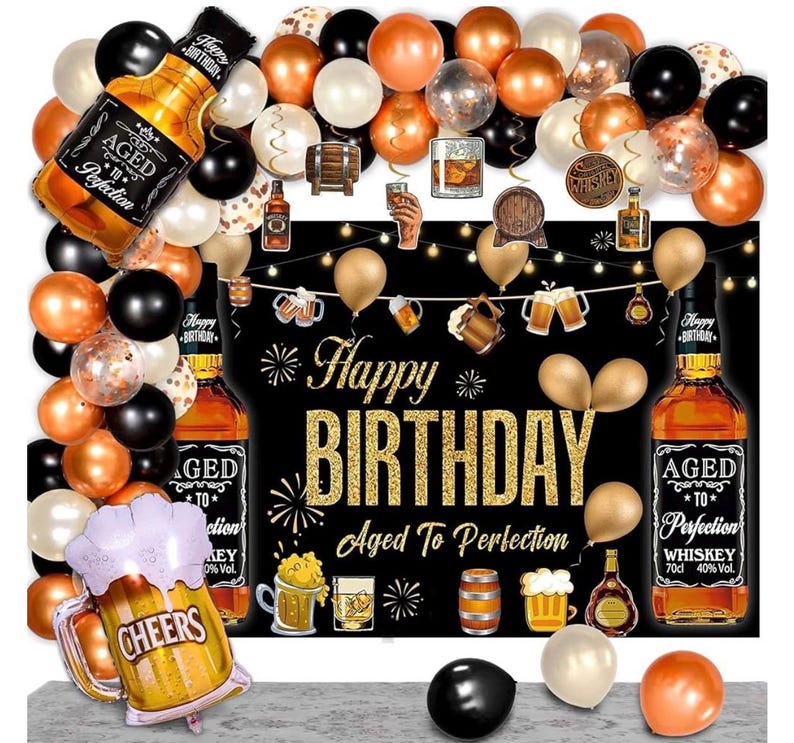 Whiskey Party Decorations for Men, 82 Pcs Aged To Perfection Party Supplies Whiskey Balloons Garland Arch Kit with Foil Balloons, Backdrop