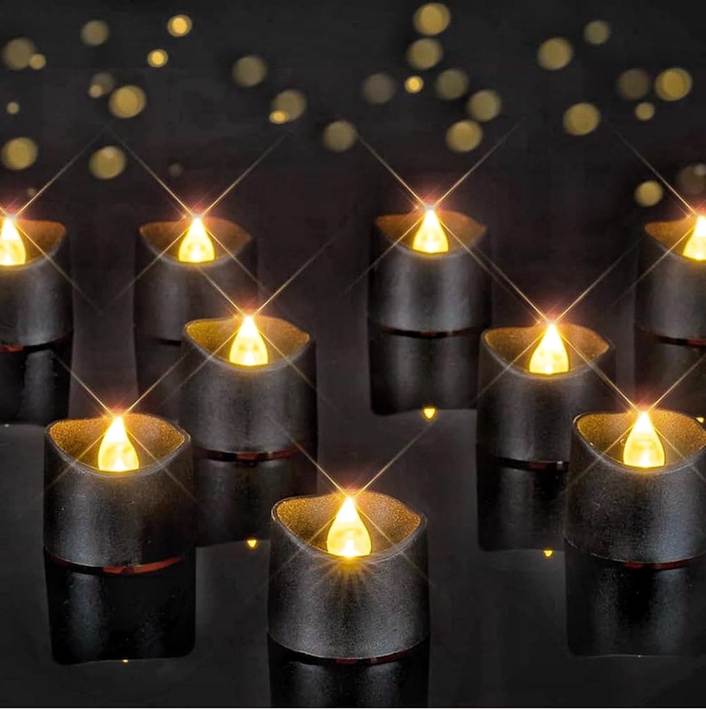 Black Tea Lights Candles Battery Operated, 200+Hour Flameless Flickering Fake Electric LED Colored Tealights Candles for Halloween