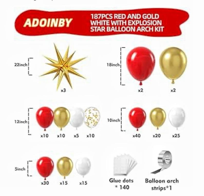 Red Gold White Balloon Garland Arch Kit, 187Pcs Explosion Star Balloons Red White Metallic Gold Confetti Latex Balloon for Valentine's Day