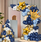 141pcs Navy Blue Balloon Garland Arch Kit, Navy Blue and Chrome Gold White Balloons with Star and Crown Foil Balloons for Boy Birthday Baby
