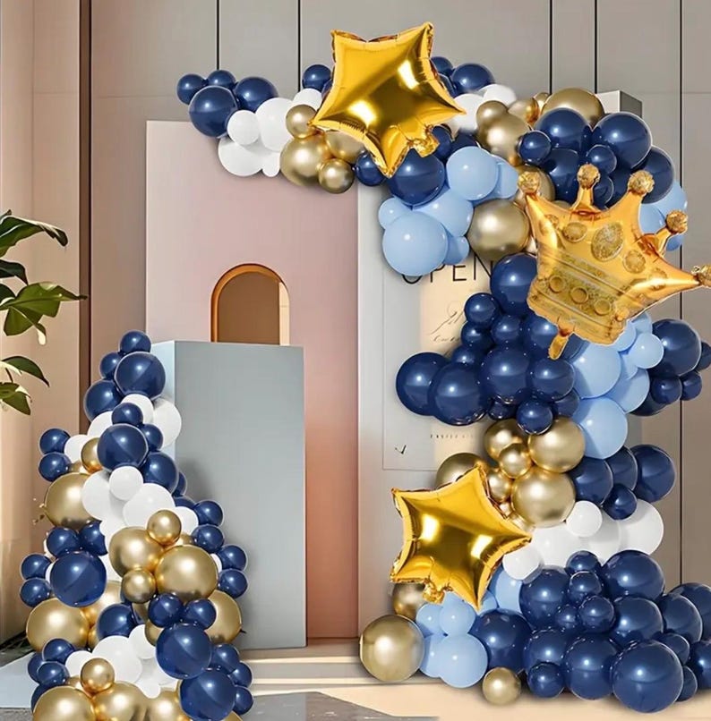 141pcs Navy Blue Balloon Garland Arch Kit, Navy Blue and Chrome Gold White Balloons with Star and Crown Foil Balloons for Boy Birthday Baby