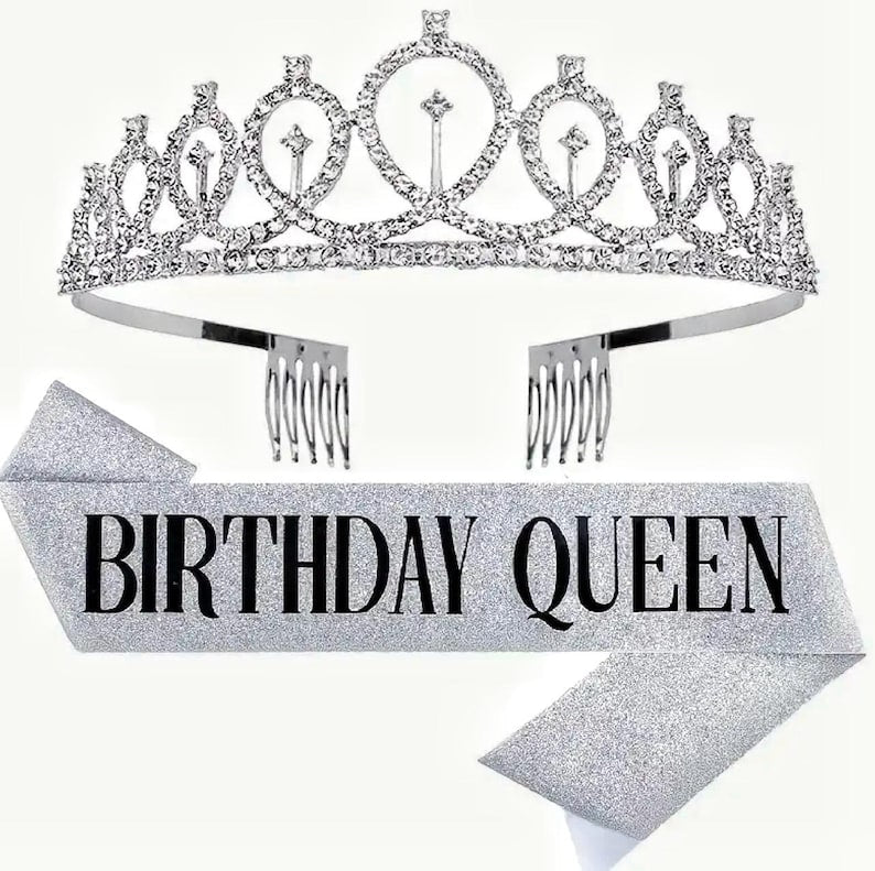 Birthday Queen" Sash & Rhinestone Tiara Set - Birthday Tiaras and Sash Birthday Party Favors Glitter Birthday Decorations Birthday Crown