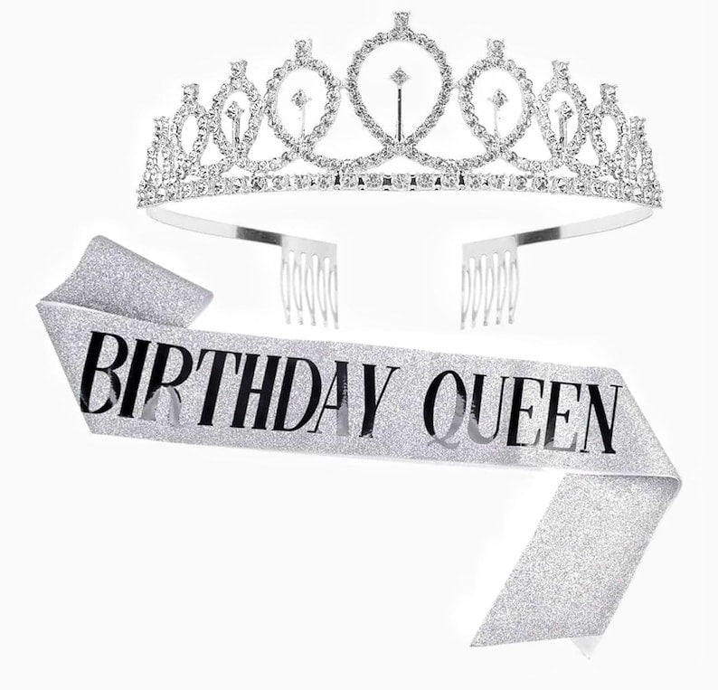 Birthday Queen" Sash & Rhinestone Tiara Set - Birthday Tiaras and Sash Birthday Party Favors Glitter Birthday Decorations Birthday Crown