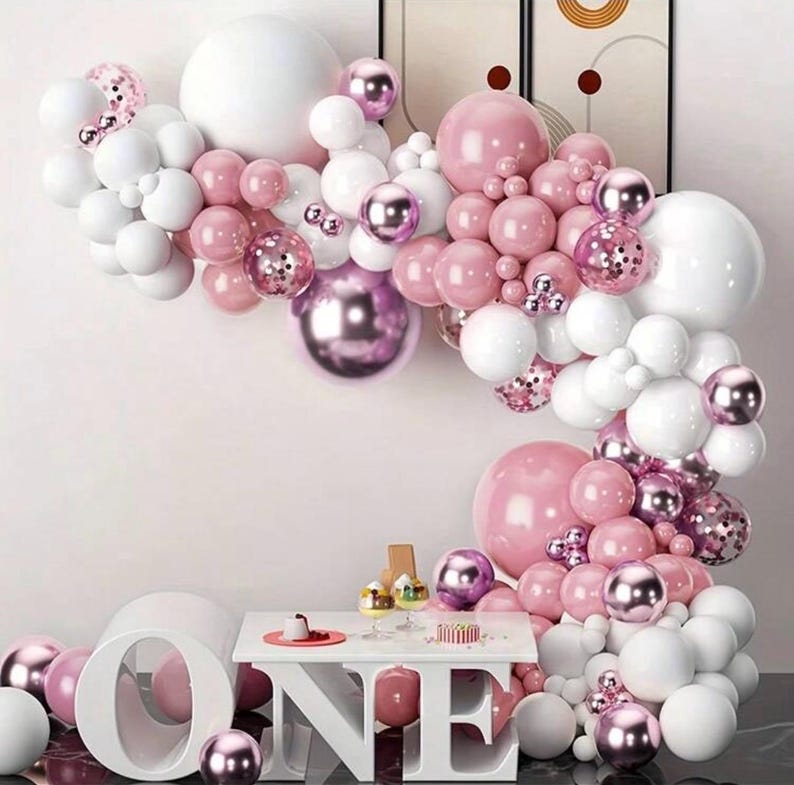 Pink White Balloons Garland Arch Kit 133 PCS Metallic Pink Gold Confetti Latex Balloons for Baby Girl Shower