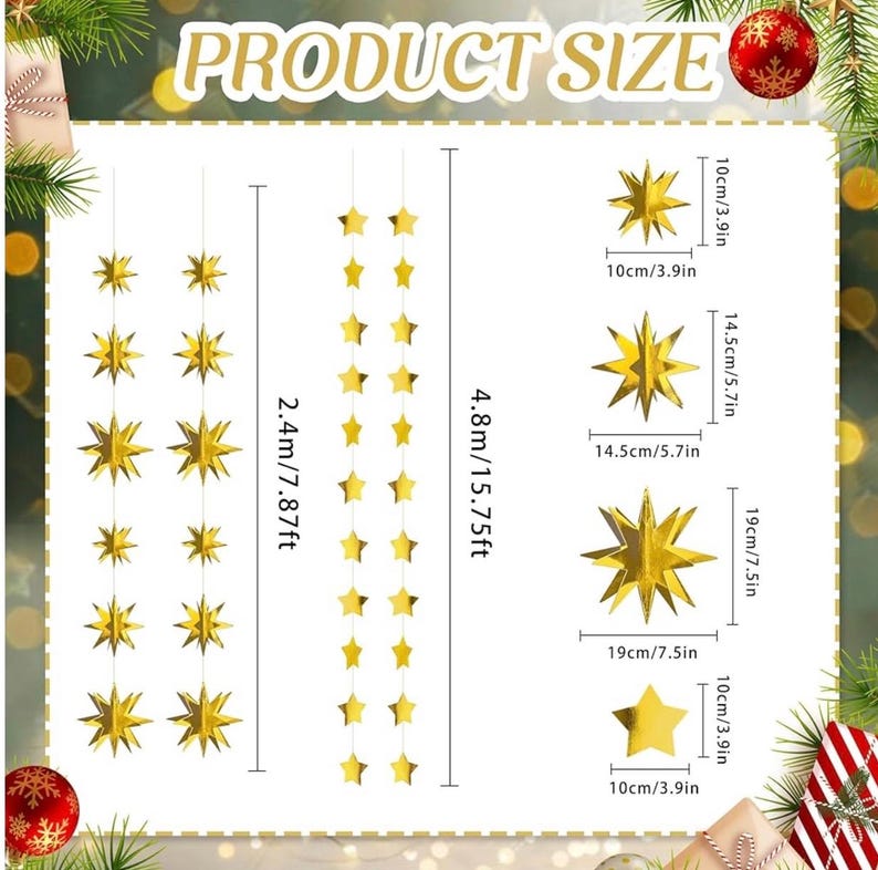 Gold Party Decorations Star Garlands Streamer Gold 3D Stars Metallic Paper Hanging Bunting Banner