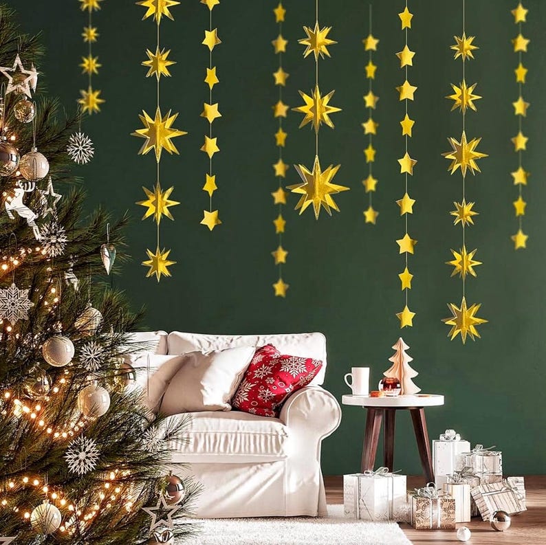 Gold Party Decorations Star Garlands Streamer Gold 3D Stars Metallic Paper Hanging Bunting Banner