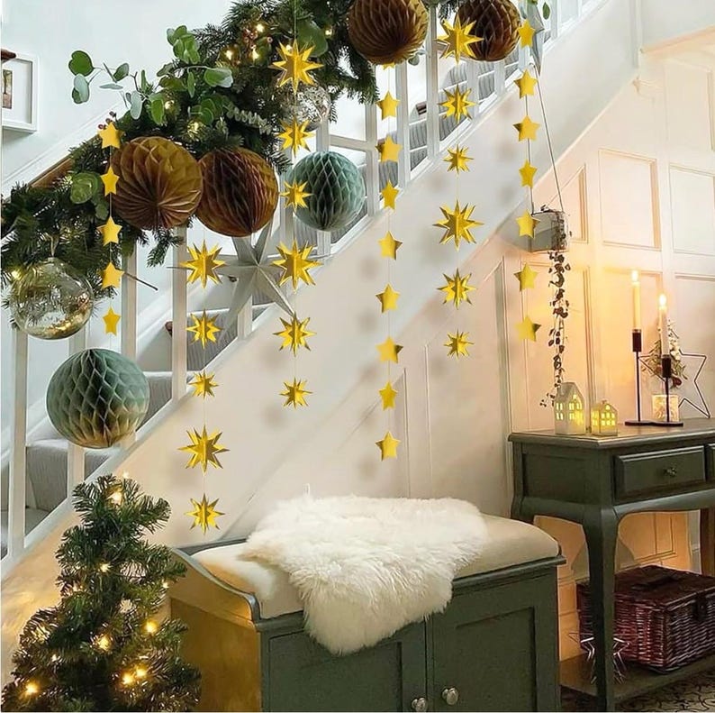 Gold Party Decorations Star Garlands Streamer Gold 3D Stars Metallic Paper Hanging Bunting Banner