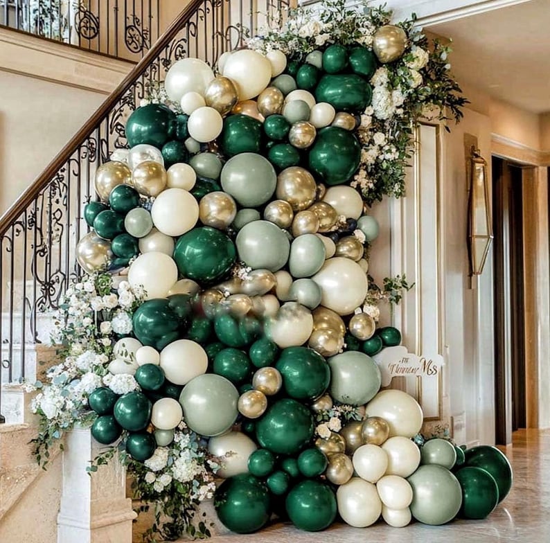 Emerald Green Gold Balloon Arch Double Stuffed Dusty Dark Green Pearl White Sand Balloon Garland Pastel Forest Green Latex Balloon Kit