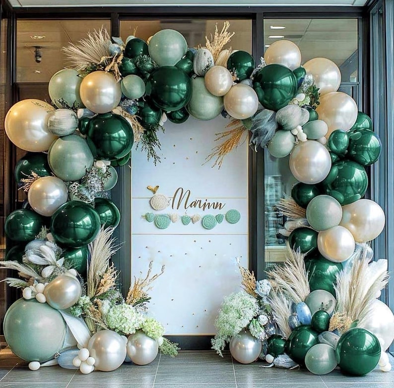Emerald Green Gold Balloon Arch Double Stuffed Dusty Dark Green Pearl White Sand Balloon Garland Pastel Forest Green Latex Balloon Kit