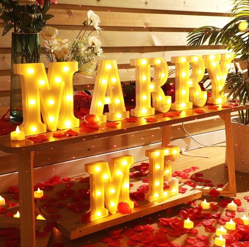Marry Me Light up Letters Proposal Decorations Will You Marry Me Sign Rose Petals 24 LED Candles Romantic Night Light for Proposal Engagemen
