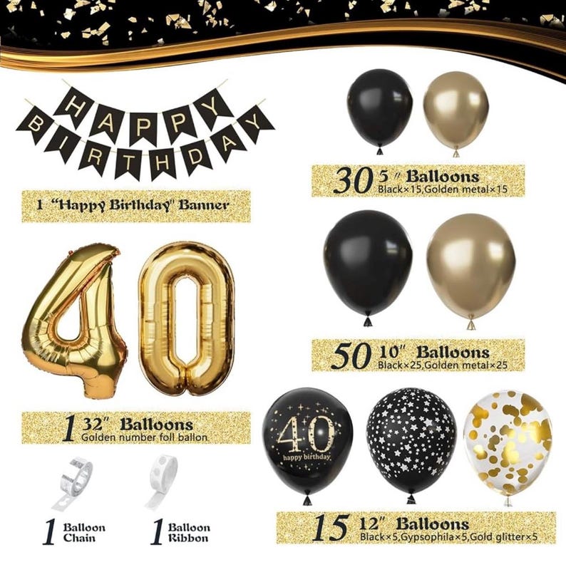 40th Birthday Decorations for Men Women, Black and Gold 40th Birthday Balloons Party Decorations with 40th Happy Birthday Banner