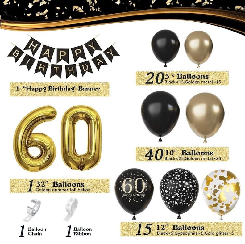 60th Birthday Decorations for Men Women, Black and Gold 60th Birthday Balloons Set Party Decorations with Happy 60th Birthday Decorations