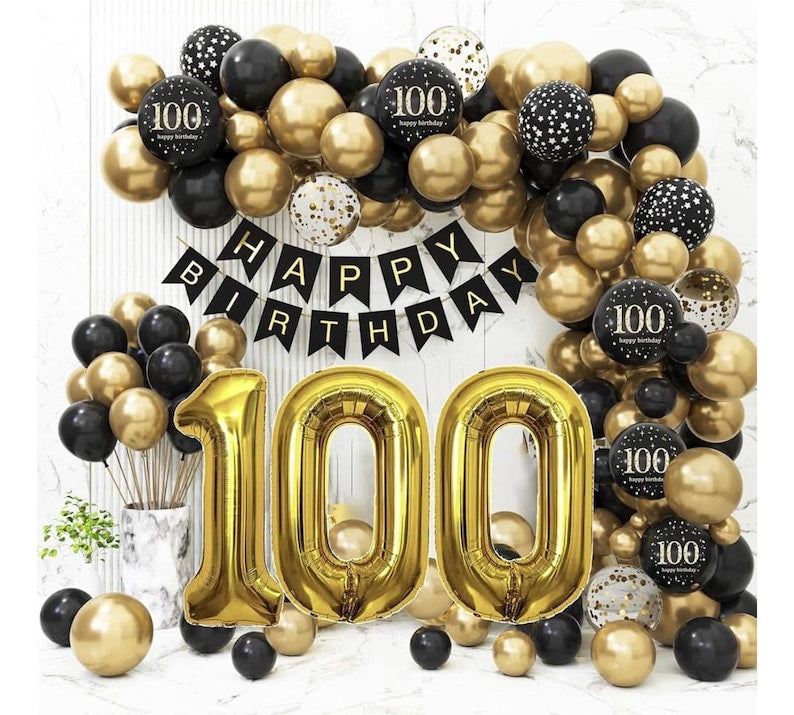 100th Birthday Decorations for Men Women, Black and Gold 100th Birthday Balloons Set Party Decorations with Happy 100th Birthday Decorations