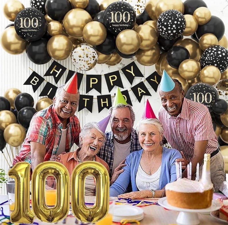 100th Birthday Decorations for Men Women, Black and Gold 100th Birthday Balloons Set Party Decorations with Happy 100th Birthday Decorations