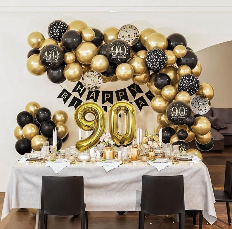 90th Birthday Decorations for Men Women, Black and Gold 90th Birthday Balloons Set Party Decorations with Happy 90th Birthday Decorations