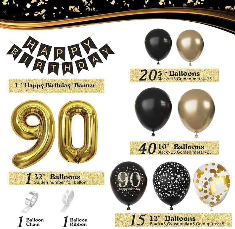 90th Birthday Decorations for Men Women, Black and Gold 90th Birthday Balloons Set Party Decorations with Happy 90th Birthday Decorations