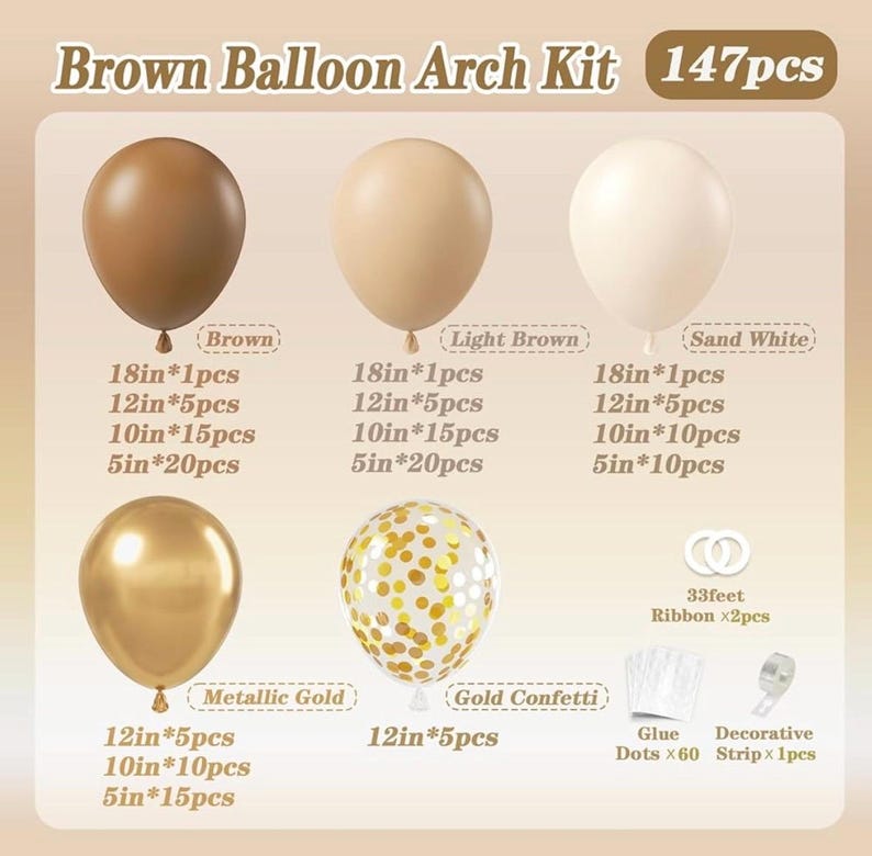 147pcs Brown Balloon Arch Garland Kit, Different Sizes ,Dark Brown Light Brown Sand White Metallic Gold Balloons for Boho Neutral Birthday