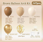147pcs Brown Balloon Arch Garland Kit, Different Sizes ,Dark Brown Light Brown Sand White Metallic Gold Balloons for Boho Neutral Birthday