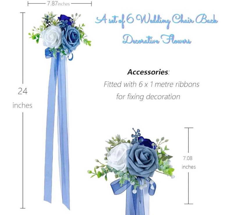Wedding Aisle Chair Decorations Set of 6 Artificial Flowers Rose and Ribbons,Pew Flower Arrangement,for Wedding Ceremony Party Church Chair
