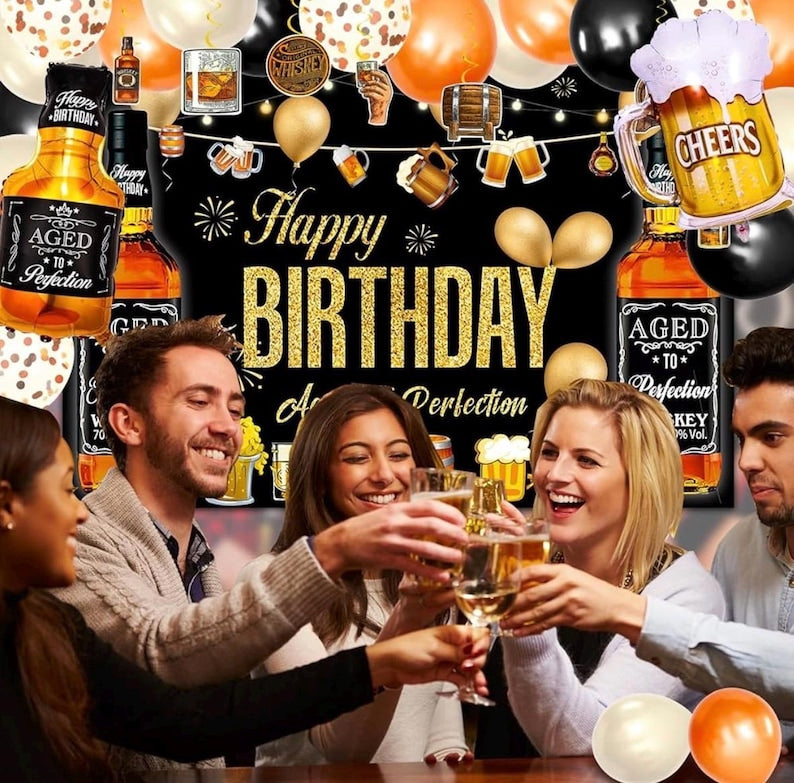Whiskey Party Decorations for Men, 82 Pcs Aged To Perfection Party Supplies Whiskey Balloons Garland Arch Kit with Foil Balloons, Backdrop