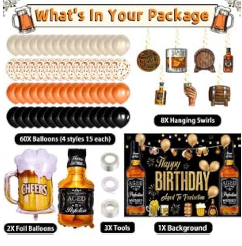 Whiskey Party Decorations for Men, 82 Pcs Aged To Perfection Party Supplies Whiskey Balloons Garland Arch Kit with Foil Balloons, Backdrop