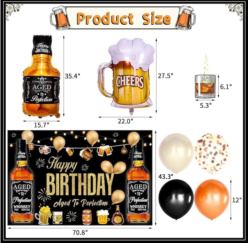 Whiskey Party Decorations for Men, 82 Pcs Aged To Perfection Party Supplies Whiskey Balloons Garland Arch Kit with Foil Balloons, Backdrop