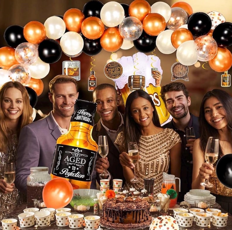 Whiskey Party Decorations for Men, 82 Pcs Aged To Perfection Party Supplies Whiskey Balloons Garland Arch Kit with Foil Balloons, Backdrop