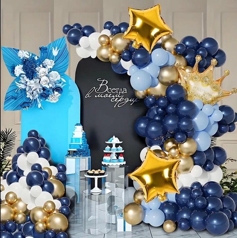 141pcs Navy Blue Balloon Garland Arch Kit, Navy Blue and Chrome Gold White Balloons with Star and Crown Foil Balloons for Boy Birthday Baby