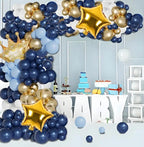 141pcs Navy Blue Balloon Garland Arch Kit, Navy Blue and Chrome Gold White Balloons with Star and Crown Foil Balloons for Boy Birthday Baby