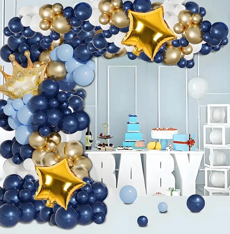 141pcs Navy Blue Balloon Garland Arch Kit, Navy Blue and Chrome Gold White Balloons with Star and Crown Foil Balloons for Boy Birthday Baby