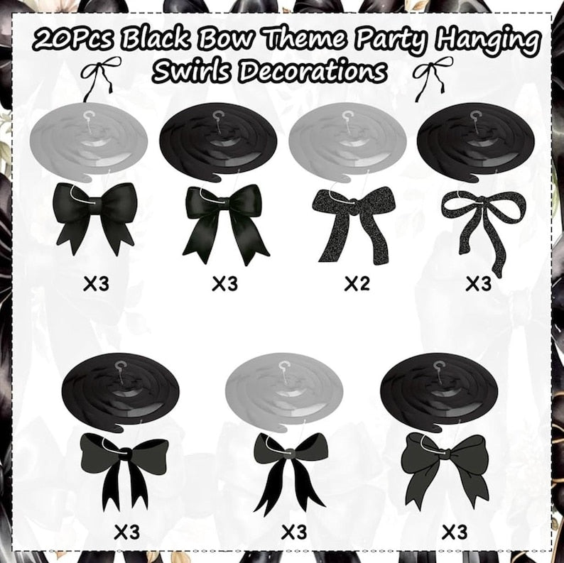 Bow Party Hanging Swirls Decorations, Black Bow Birthday Party Decortions,Coquette Birthday Party Bow Party Decorations for Birthday, Bridal